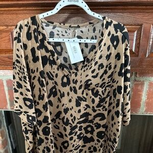 JODIFL Blouse Taupe Leopard Dolman V-Neck Top, Large